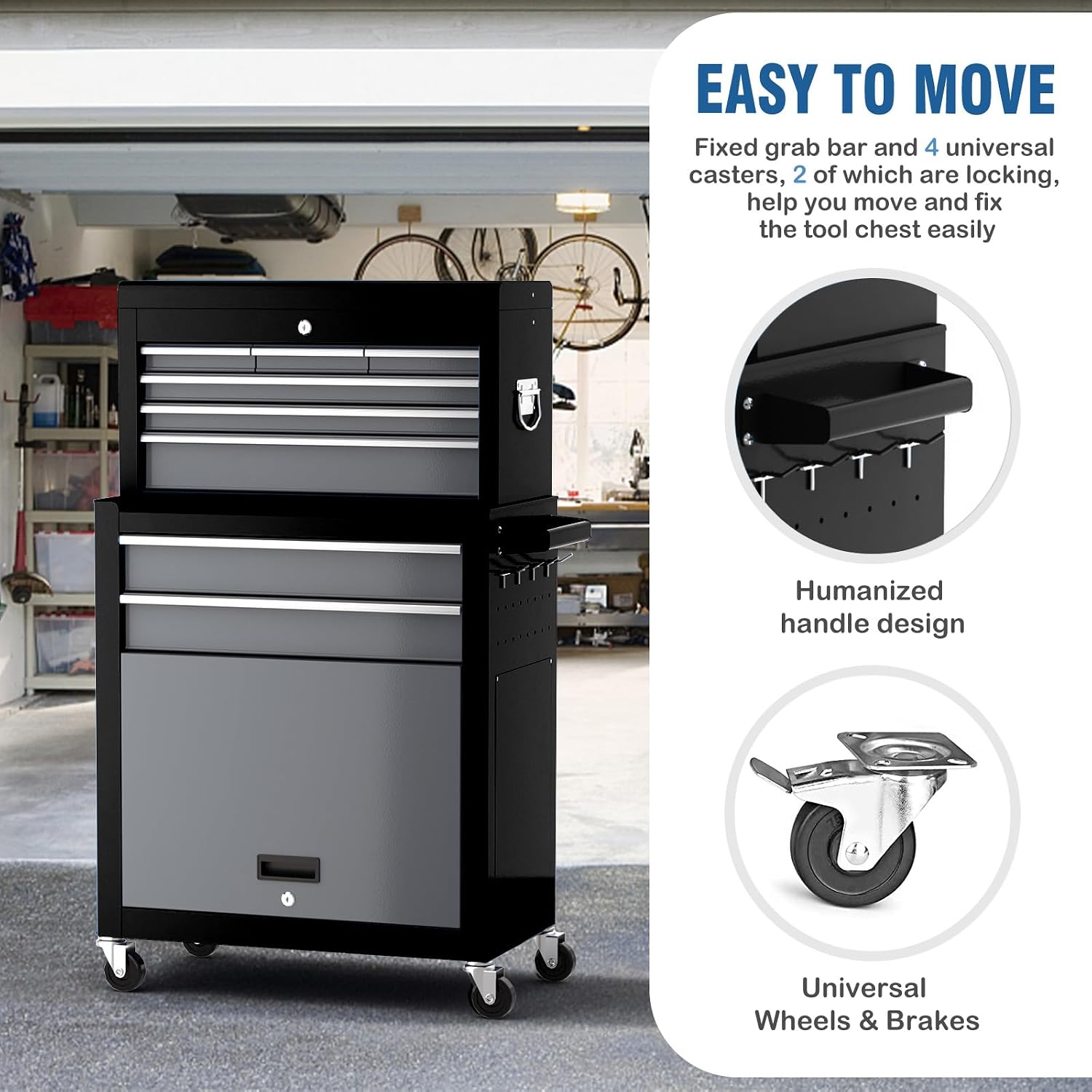 8-Drawer Rolling Tool Chest,42' Large Tool Box with Drawers,Lockable Wheels,2-in-1 Detachable Top Mechanic Tool Storage Box,for Garages, Workshops,Repair Shops (with Parts Box and Hooks)