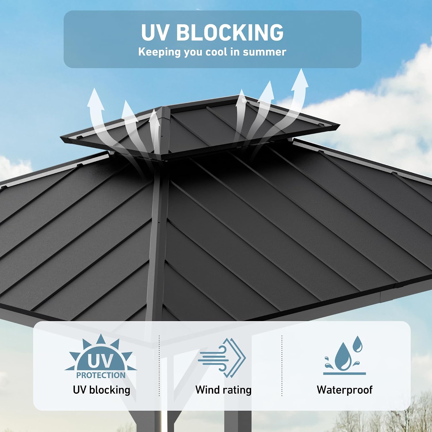 Big Leaf 12' x 14' Hardtop Gazebo with LED Strip Lights – Galvanized Steel Double Roof, USB and USB-C connectors, Mosquito Netting and Curtains – Outdoor Metal Gazebo for Decks and Backyards, Black