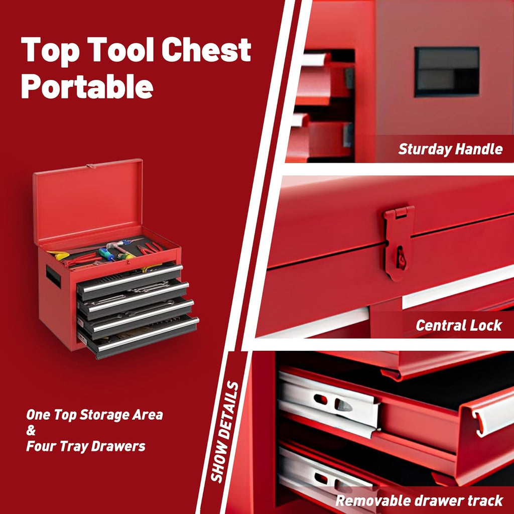 5-Drawer Rolling Tool Chest & Cabinet With Detachable Top Box - Heavy-Duty Metal Tool Cart With 4 Hooks, Lockable Drawers & 4 Wheels For Garage, Workshop, And Automotive Organization, (Red)