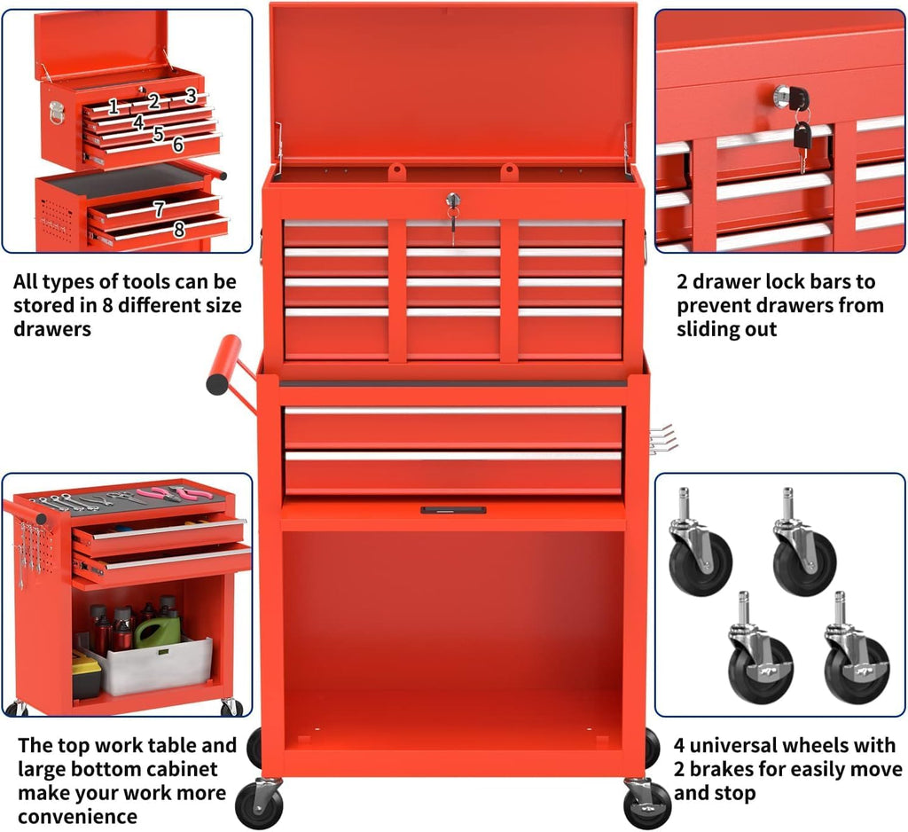 8-Drawer High Capacity Rolling Tool Box with Wheels,Rolling Tool Chest with Drawer,Tool Box on 4 Wheels with Lock, Tool Storage Cabinet Removable Portable Box for Garage Warehouse (Red)