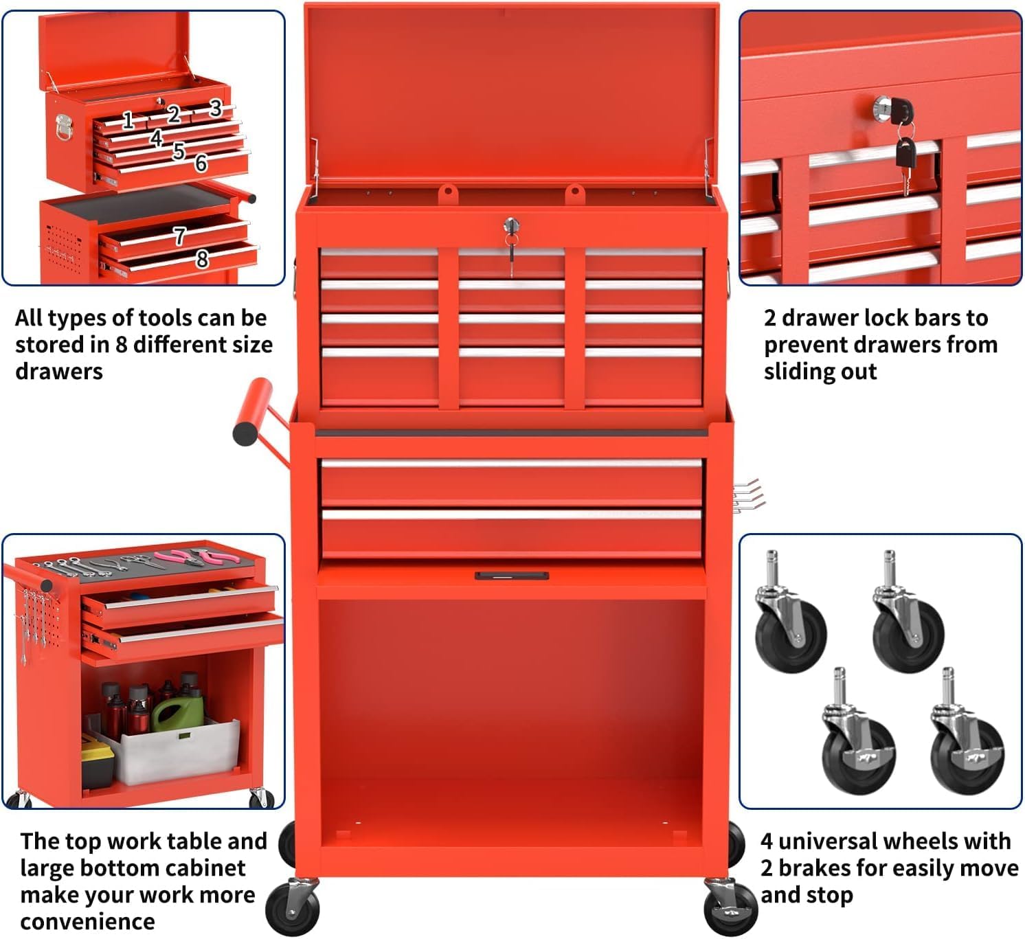 8-Drawer High Capacity Rolling Tool Box with Wheels,Rolling Tool Chest with Drawer,Tool Box on 4 Wheels with Lock, Tool Storage Cabinet Removable Portable Box for Garage Warehouse (Red)