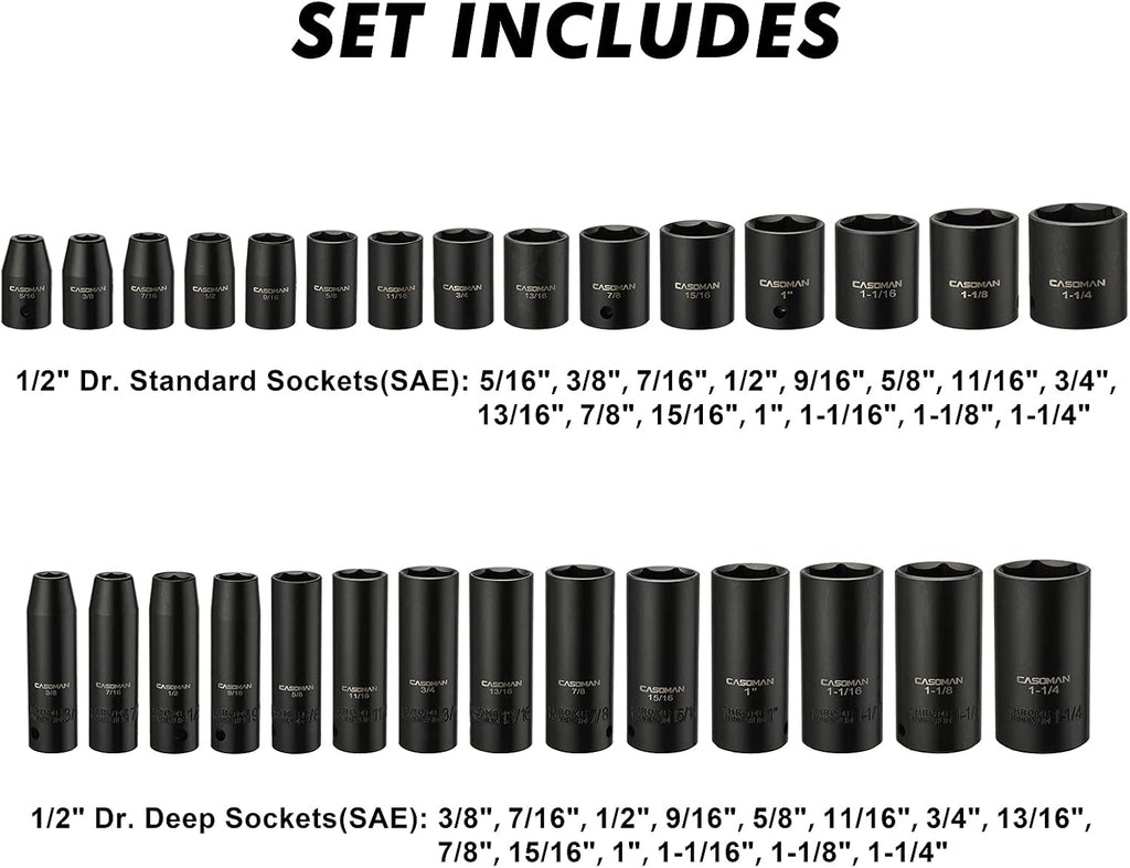 CASOMAN 1/2-inch 70 Pieces Impact Socket Master Set, SAE & Metric from 5/16'-1-1/4',8-24mm, Shallow/Deep Socket with Ratched Hand, Extension Bar and Adapters