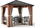 Modern Shade Wood Gazebo 10'x10' with Galvanized Steel Roof, Hardtop Gazebo with Mosquito Netting & Curtains, Cedar Frame Permanent Pavilion for Garden, Backyard and Patio