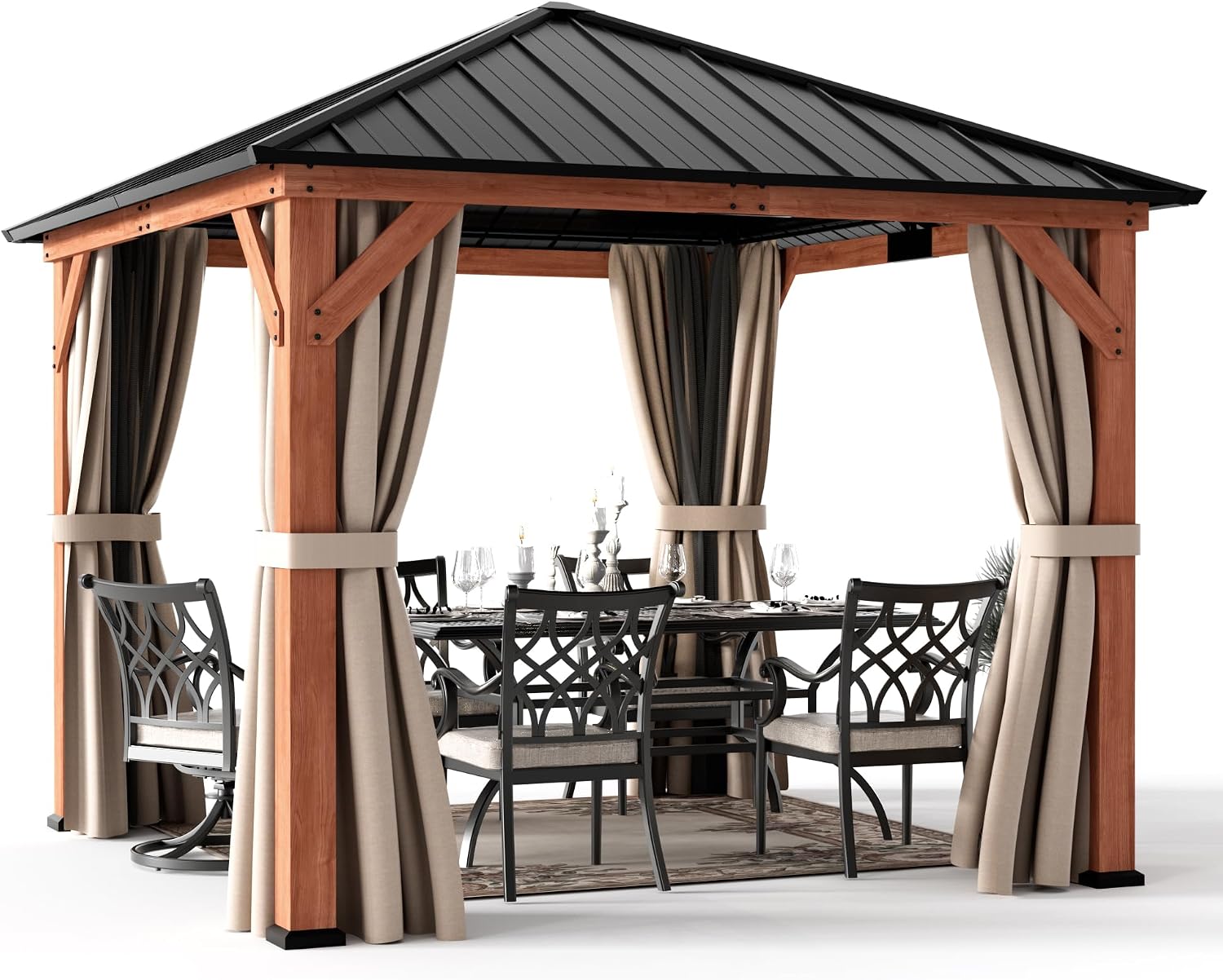 Modern Shade Wood Gazebo 10'x10' with Galvanized Steel Roof, Hardtop Gazebo with Mosquito Netting & Curtains, Cedar Frame Permanent Pavilion for Garden, Backyard and Patio