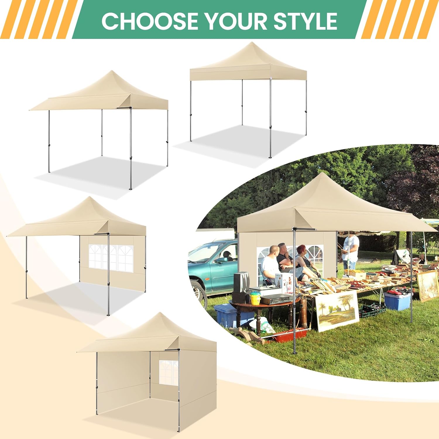 COBIZI 10x20 Pop up Heavy Duty Canopy Tent, Commercial Instant Canopies with Sturdy Awning, Outdoor Canopies for Market, Event, Khaki