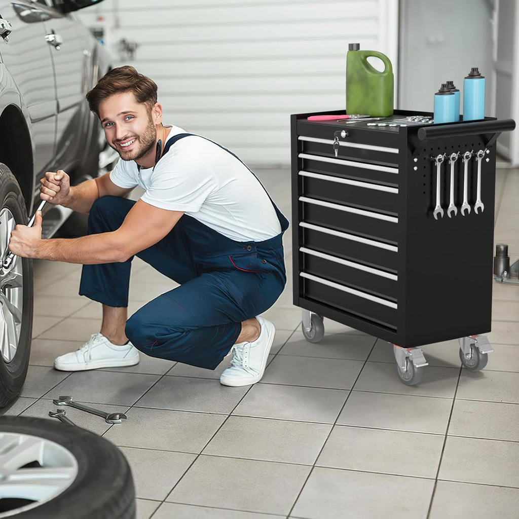 Heavy Duty Rolling Tool Box, 7 Drawer Tool Chest with Detachable Storage, Mobile Tool Cabinet on 4 Wheels for Garage, Workshop, Mechanics & Repair Room (Black)