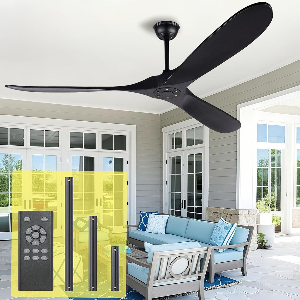 72 Inch Black Ceiling Fan No Light ，Wood Outdoor Ceiling Fans for Patios Living Room Gazebo Mid Century Modern Exterior Extra Large Waterproof Ceiling Fan without Light with Downrod