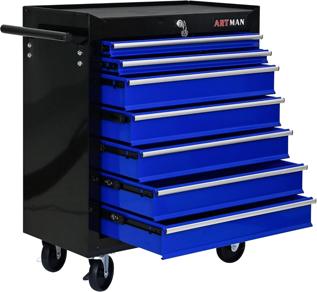 7 Drawers Tool Cart on Wheels, 7 Drawer Rolling Tool Chest with Key Lock, Trolley Organizer Tool Case, Multifunctional Rolling Tool Box for Garage,Warehouse,Workshop,Repair Shop (Black+Blue)