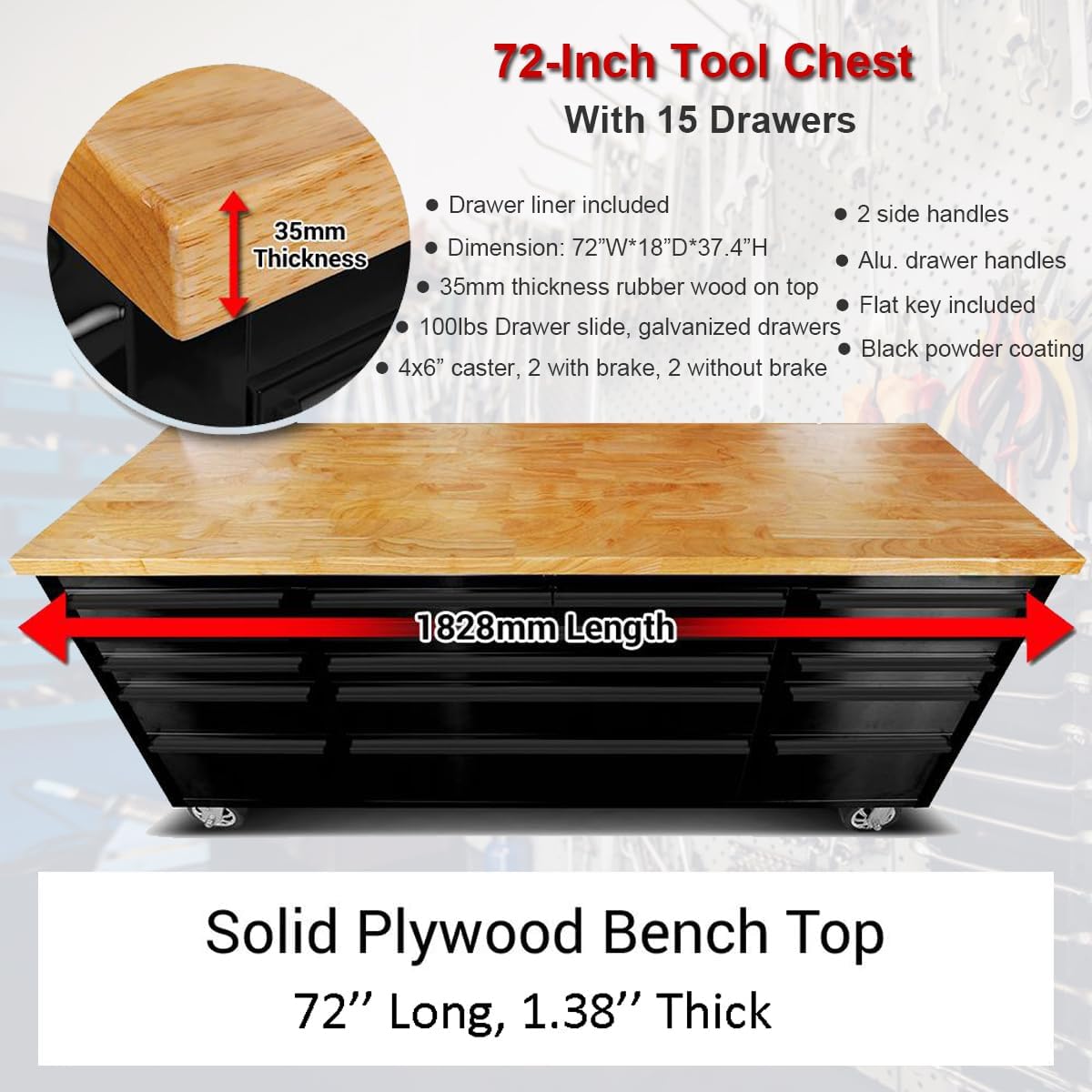 2 Pack - 72' Rolling Tool Chest with 15 Drawers + 3 Upper Cabinets, Matte Black Mobile Workbench, Lockable Large Tool Box with Wheels for Garage (1 × HTC7218PC + 1 × HTC7215PC-1)