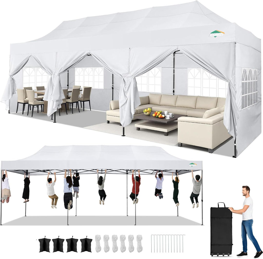 COBIZI 10x30 Heavy Duty Pop Up Canopy Tent with 8 Sidewalls Thicken Frame, Commercial Easy Up Outdoor Wedding Party Tents, All Season Waterproof Windproof with Stakes Sandbags Ropes Roller Bag, Cream