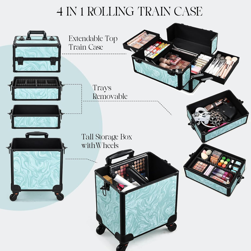 Yueieoun Rolling Makeup Case, 4 in 1 Makeup Case on Wheels, Professional Makeup Trolley, Cosmetic Train Case Makeup Cart Travel Trolley with Key for MUA, Hairstylists, Nail Tech, Turquoise Vitality