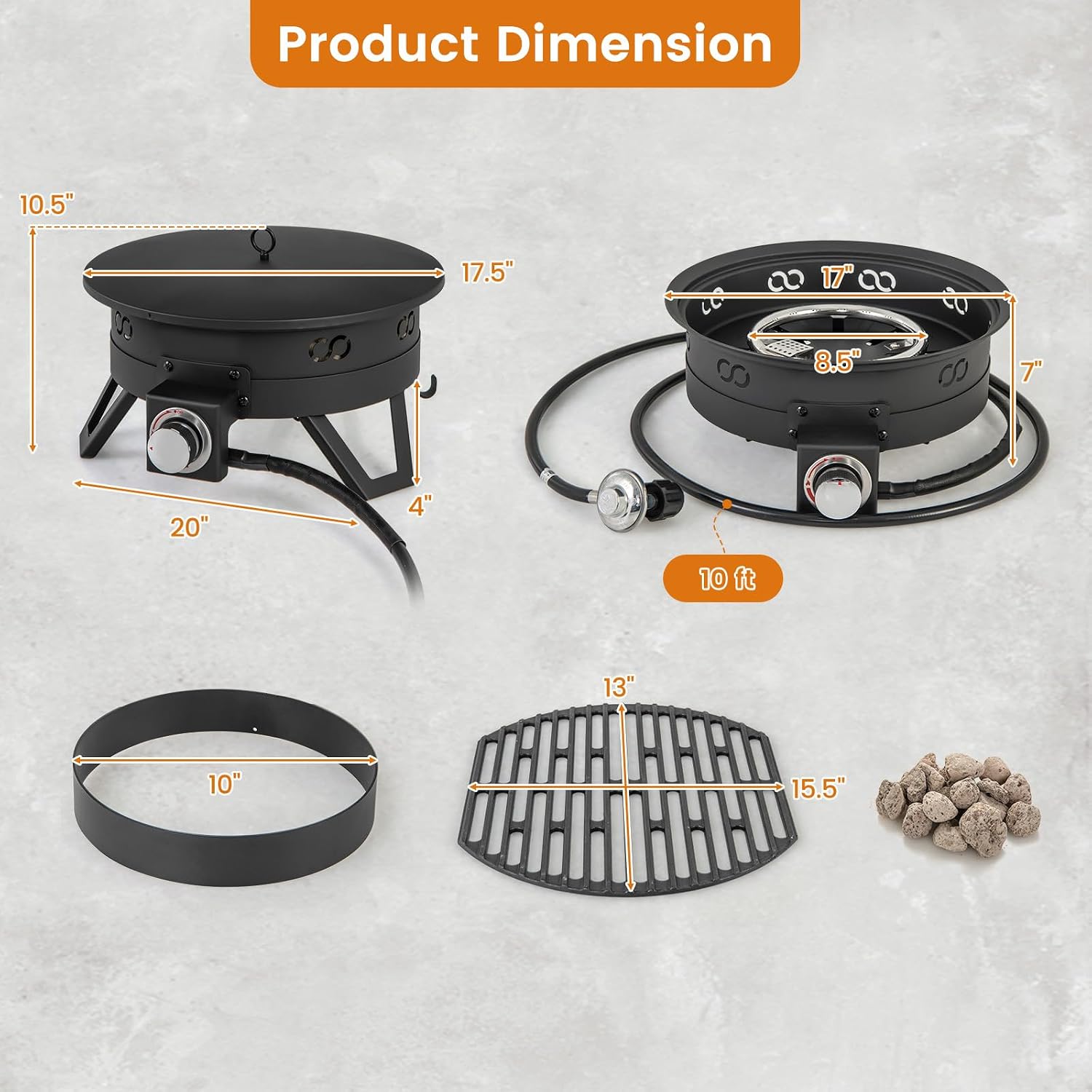 Giantex Portable Propane Fire Pit, 17' Small Outdoor Fire Bowl w/Foldable Legs, Round Fireplace with Lid, Removable Grill, Carry Bag, Lava Rocks, 58000 BTU Smokeless Gas Firepit for Outdoor Camping