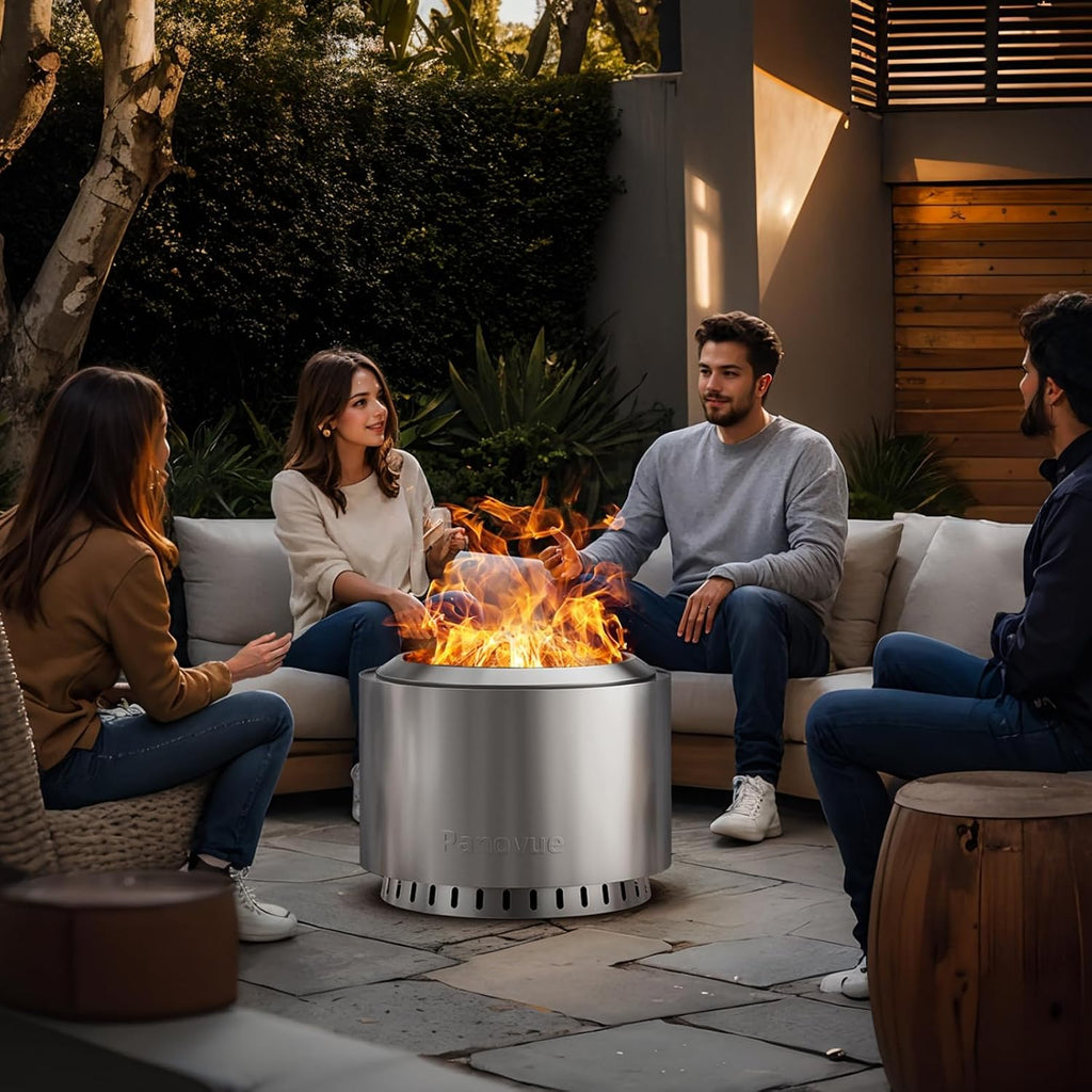 Panovue 22 inch Smokeless Fire Pit with Waterproof Cover, Stainless Steel Outdoor Smokeless Firepit, Wood Burning Fire Pits for Camping, Bonfire,Low Smoke Firepit for Outside[Slivery]