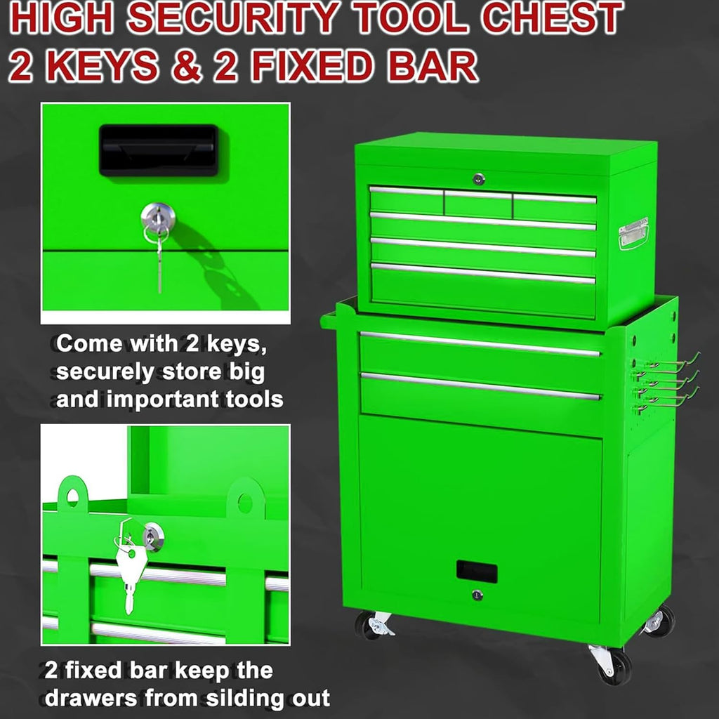 Dawmilon 8-Drawer Rolling Tool Chest, 2-in-1 Detachable Tool Box Cabinet with Wheels, Lockable Metal Tool Storage with Liners for Garage Workshop, Green