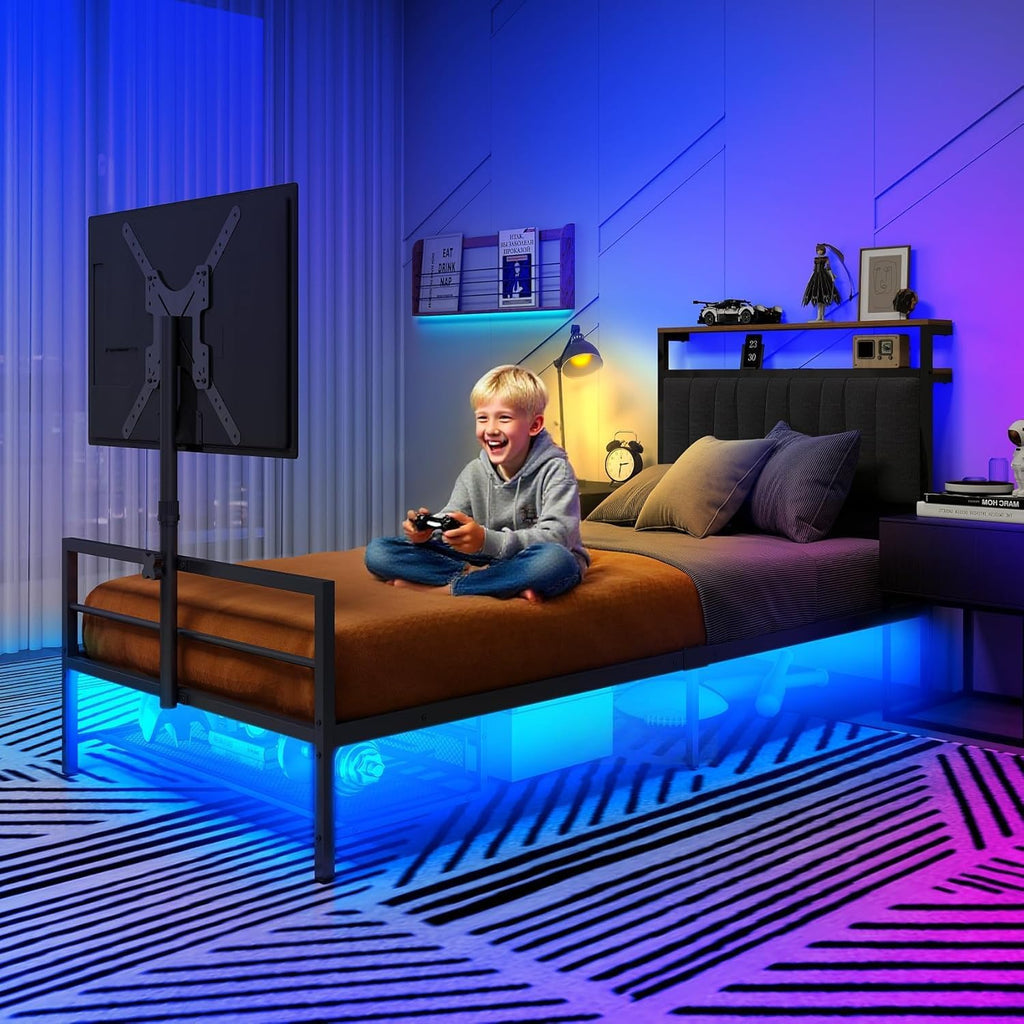 Twin Size Gaming Bed Frame with Storage Headboard,Black Metal Twin Bed Frame with LED Light Rotating TV Mount Charging Station,College Dorm Room Essential for Gaming Teen Boys Kids,Heavy Duty