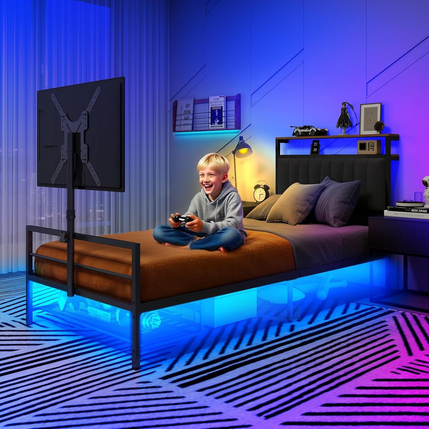 Twin Size Gaming Bed Frame with Storage Headboard,Black Metal Twin Bed Frame with LED Light Rotating TV Mount Charging Station,College Dorm Room Essential for Gaming Teen Boys Kids,Heavy Duty