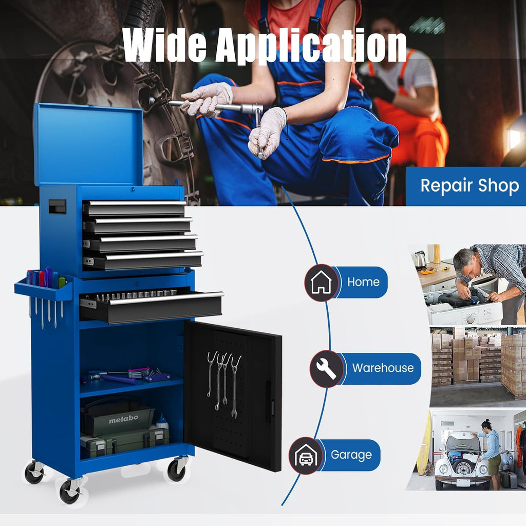 IRONMAX Rolling Tool Chest, 5-Drawer Lockable Tool Cabinet w/Adjustable Shelf & 4 Universal Wheels, 2 in 1 Detachable Tool Box Storage Organizer for Garage Workshop Repair Shop, Blue