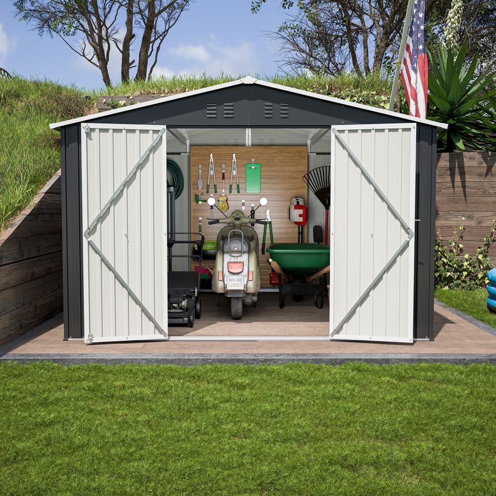 Large Outdoor Storage Shed 10x12 FT, Heavy-Duty Metal Garden Tool Organizer with Lockable Doors and Weather-Resistant Roof for Backyard (10x10 ft Black)