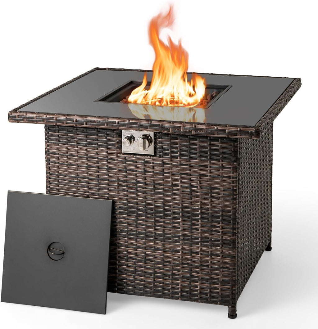 Tangkula 32.5 Inch Propane Fire Pit Table, Outdoor Rattan Gas Firepit with Tempered Glass Tabletop & Stainless Steel Burner, Square Fire Pit with Lava Rocks & Protective Cover for Outside Patio
