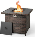 Tangkula 32.5 Inch Propane Fire Pit Table, Outdoor Rattan Gas Firepit with Tempered Glass Tabletop & Stainless Steel Burner, Square Fire Pit with Lava Rocks & Protective Cover for Outside Patio