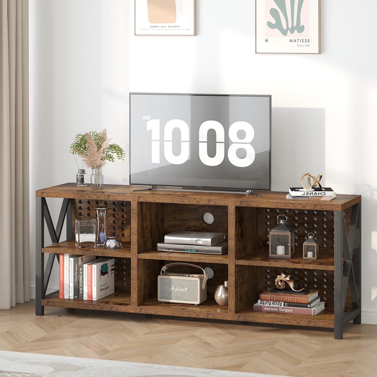 LVB TV Stand for 75 Inch TV, Industrial Wood and Metal Entertainment Center with Storage Shelf, Modern Television Media Console Table with Cabinet for Living Room Bedroom, Rustic Brown, 63in