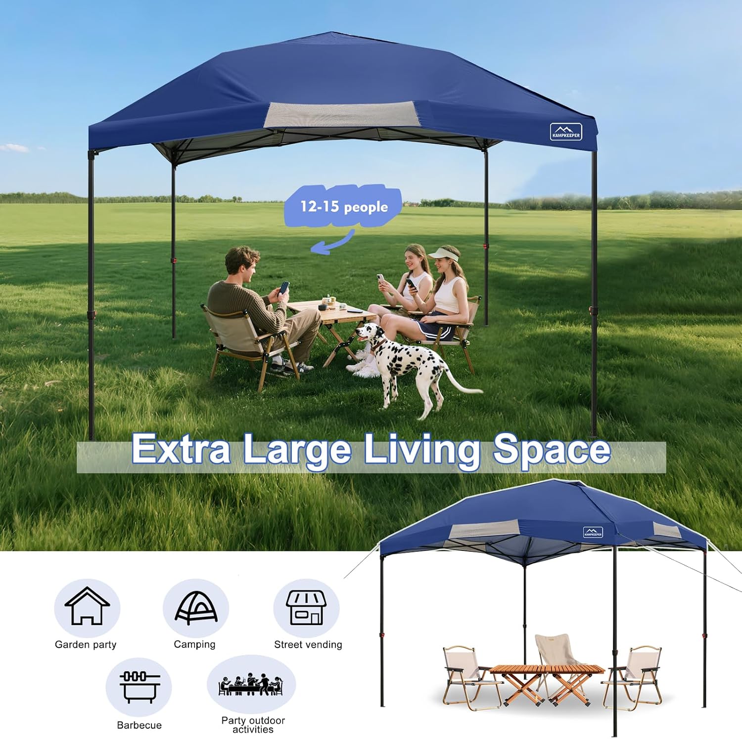 KAMPKEEPER 12x12 Pop Up Canopy Tent,Heavy Duty Outdoor Sun Shade for Events,Camping,Parties - Polygonal Patio Gazebo with Wheeled Bag,4 sandbags(Navy Blue, 12x12FT)