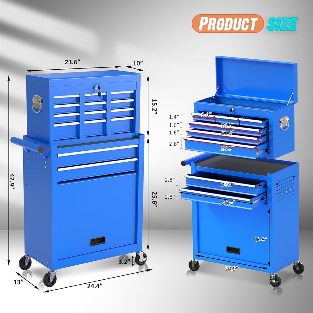8-Drawer Rolling Tool Chest with Wheels, 2-in-1 Detachable Tool Box with Drawers and Large Cabinet, Rolling Tool Chest Storage Cabinet with Lockable for Warehouse, Garage, Workshop (Blue)
