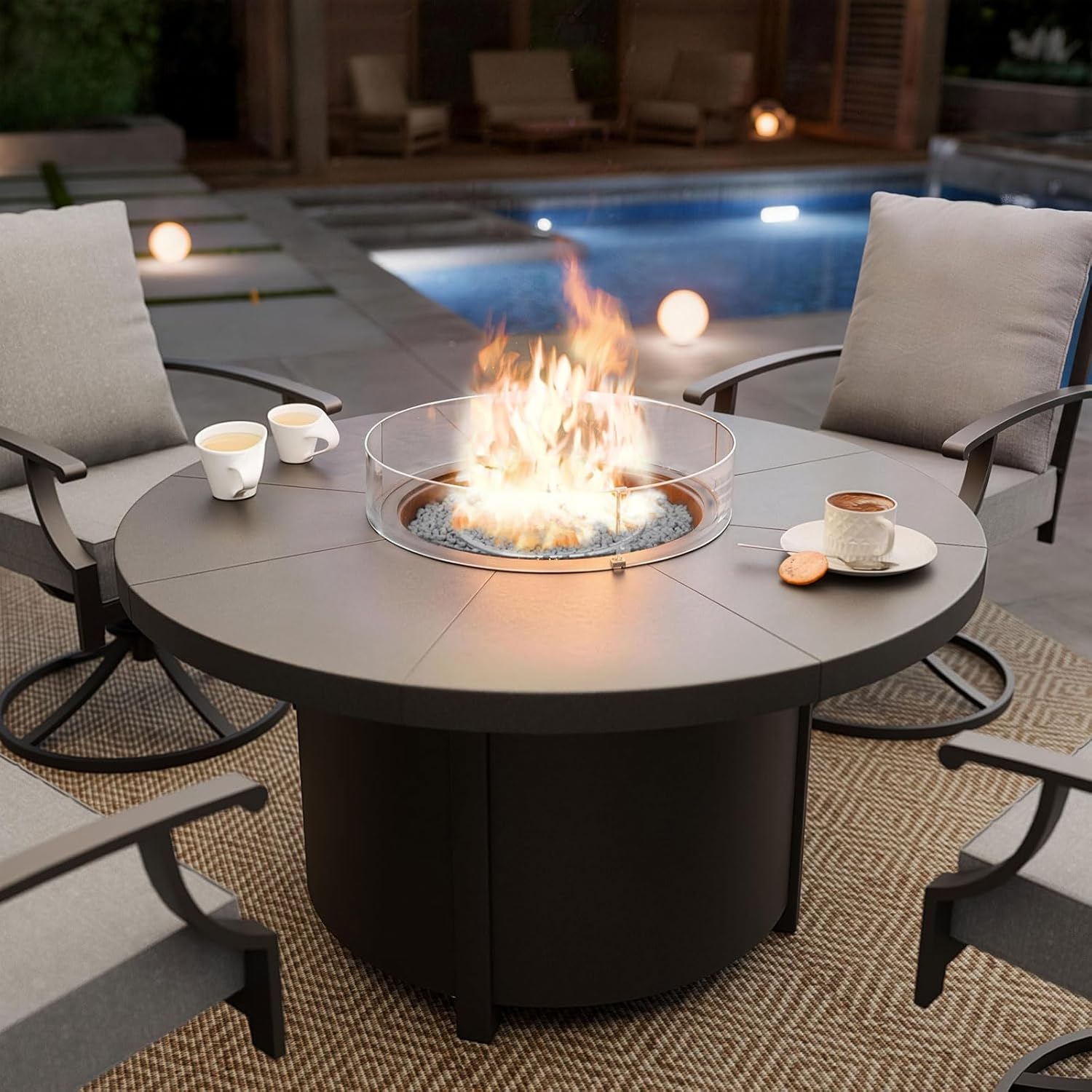 48' Round Propane Fire Pit,Steel Tabletop Fire Pit w Lava Rocks,55000 BTU Auto-Ignition CSA Certified Gas Fire Pits with Lid & Windproof Glass for Outdoor,Patio,Backyard