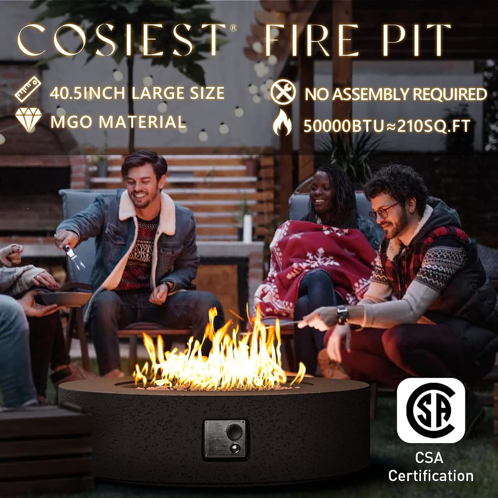 COSIEST 42 inch Outdoor Propane Fire Pit Coffee Table w Concrete Round Base Patio Heater, 50,000 BTU Stainless Steel Burner, Free Lava Rocks, Rain Cover, Brown