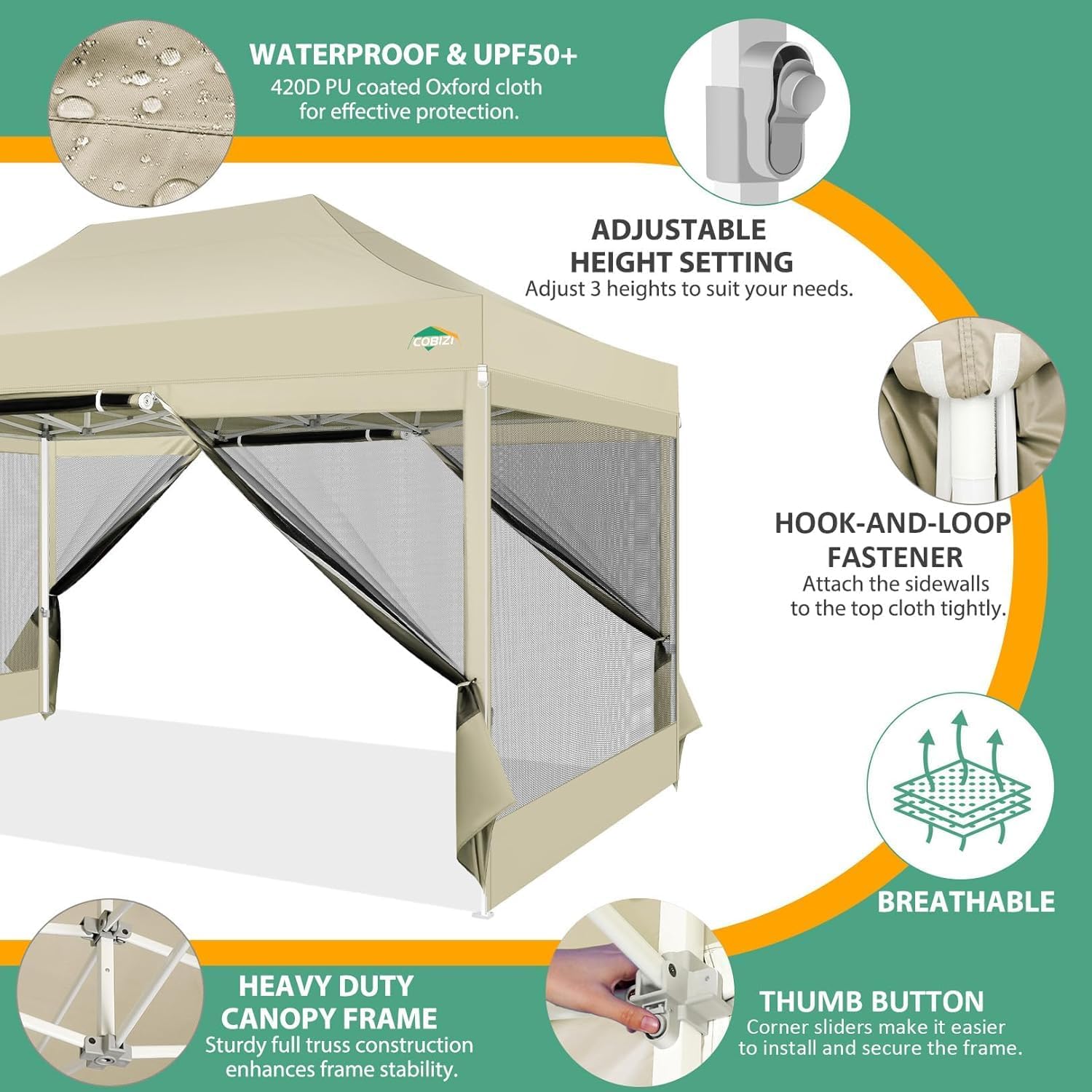 COBIZI 10x15 Heavy Duty Pop up Canopy with 4 Sidewalls, Canopy Tent with Mosquito Netting, Easy up Screen Party Tents for Parties Wedding Patio Backyard Commercial Gazebo with Handbag, Khaki
