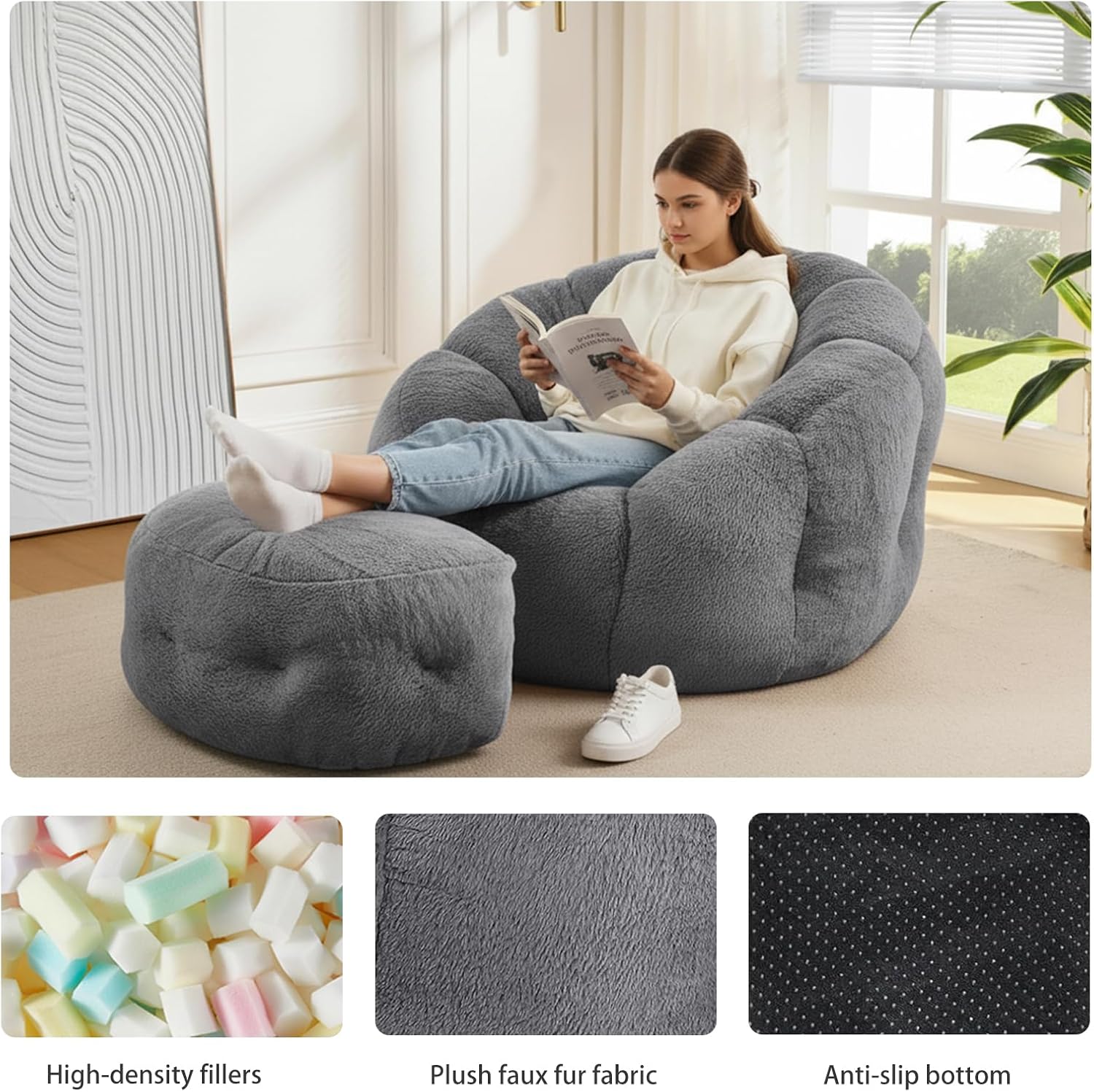 Bean Bag Chair with Ottoman, Flower Bean Bag Chairs for Adults and Teens, Comfy Plush Faux Fur Reading Chair for Living Room, Bedroom, Apartment, Dorm, Grey