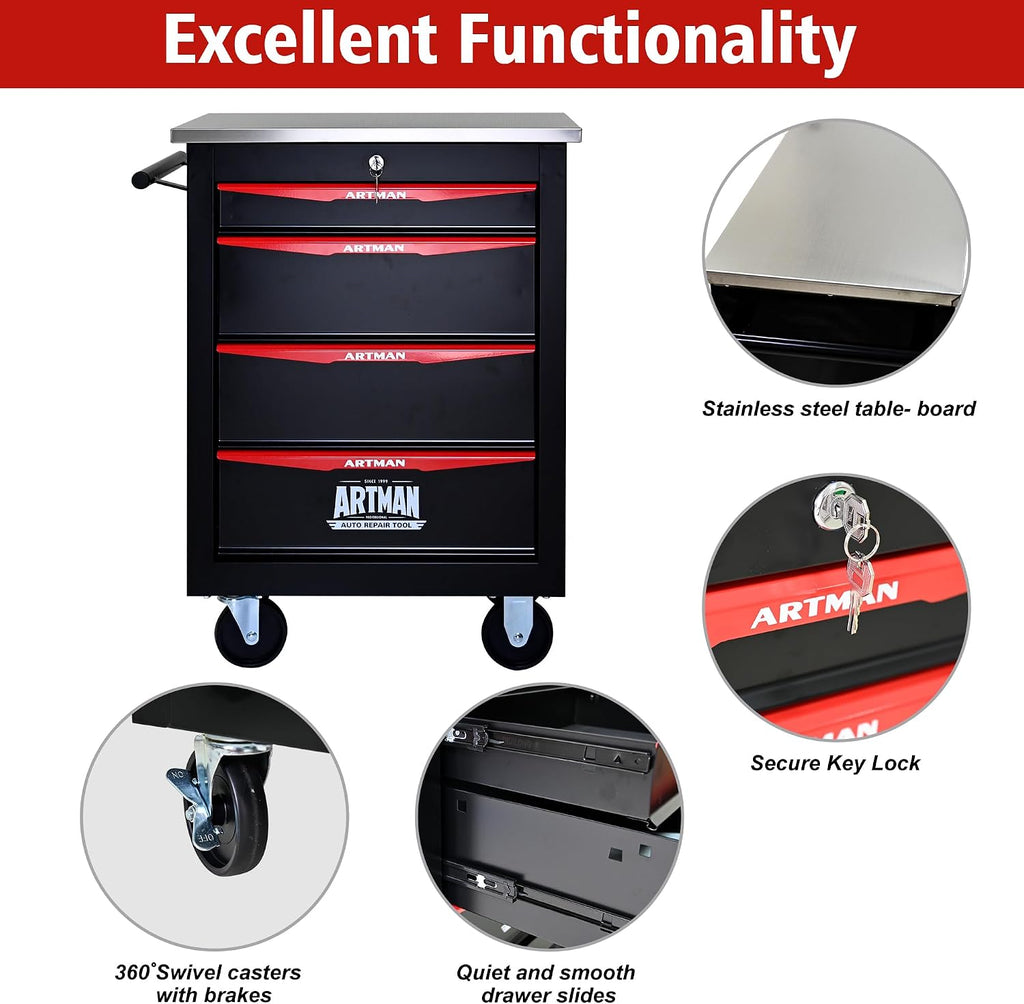 4 Drawers Tool Cart on Wheels with Stainless Steel Worktop, Heavy Duty Mobile Rolling Drawer Tool Chest with Locking Wheels & Lockable Drawers, Garage Tool Storage Cabinet (Black, 4 Drawers)