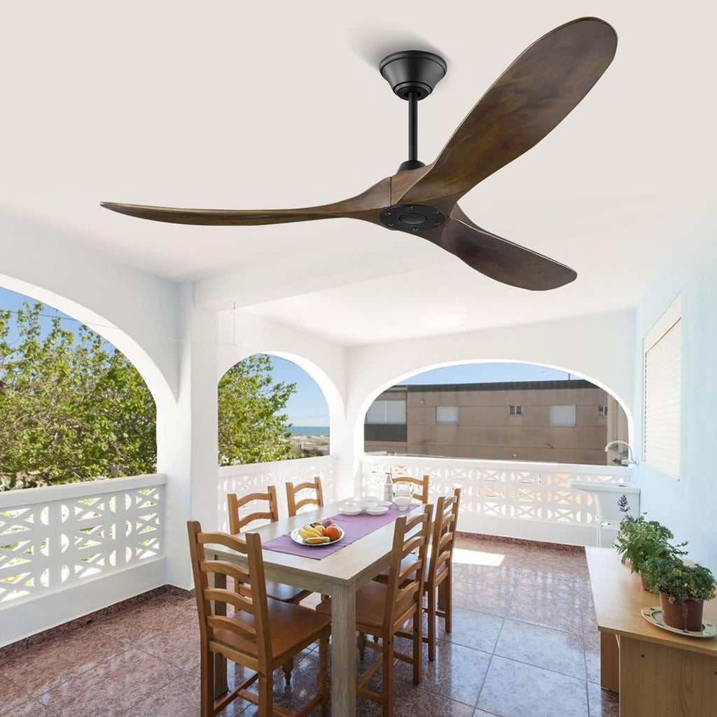 52 Inch Wood Ceiling Fan no Light, Indoor Outdoor Ceiling Fans for Patios without Lights with Remote, 3 Blades Walnut Ceiling Fan with Reversible DC Motor for Farmhouse Gazebo Porch Home