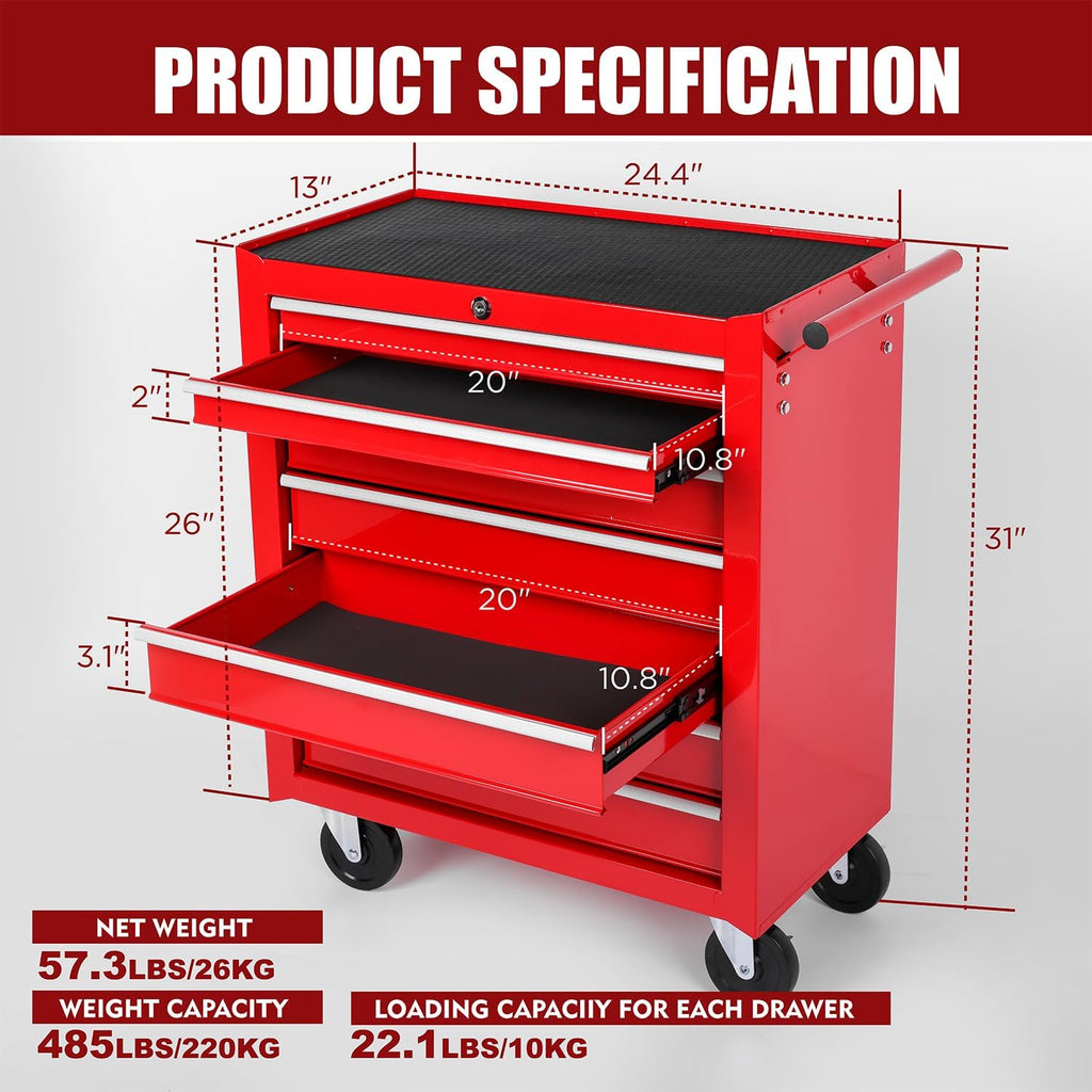 7 Drawers Rolling Tool Cart on Wheels, Multifunctional Metal Tool Storage Cabinet, Lock Tool Trolley Organizer Drawers Tool Box Tool Chest for Garage, Warehouse, Workshop, Repair Shop (RED)