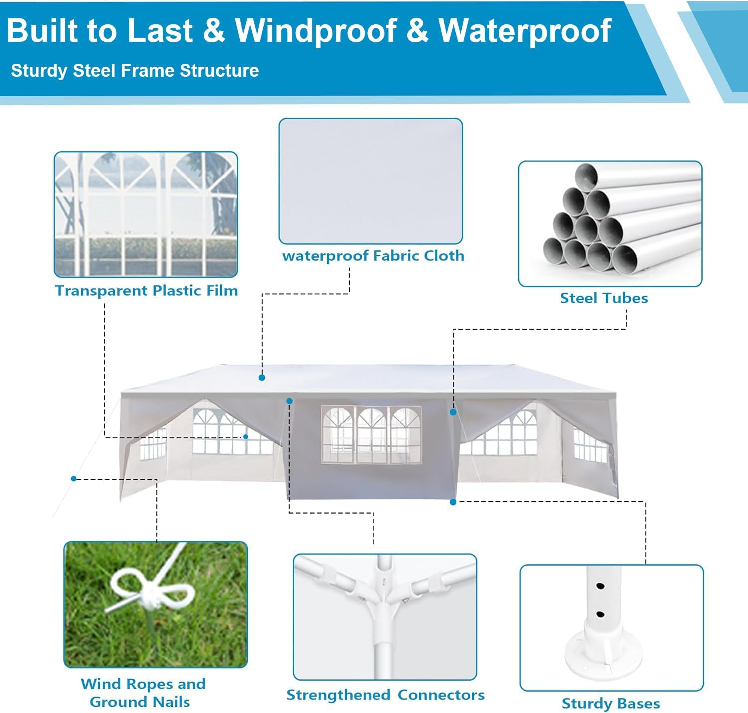 Nyckolas White 10x30 Outdoor Canopy Tent for Party,8 Removable Sidewalls with Windows,Sunshade & Waterproof,Heavy Duty Metal Frame,Easy to Assemble,Perfect for Outdoor Events,Party,Backyard,Camping