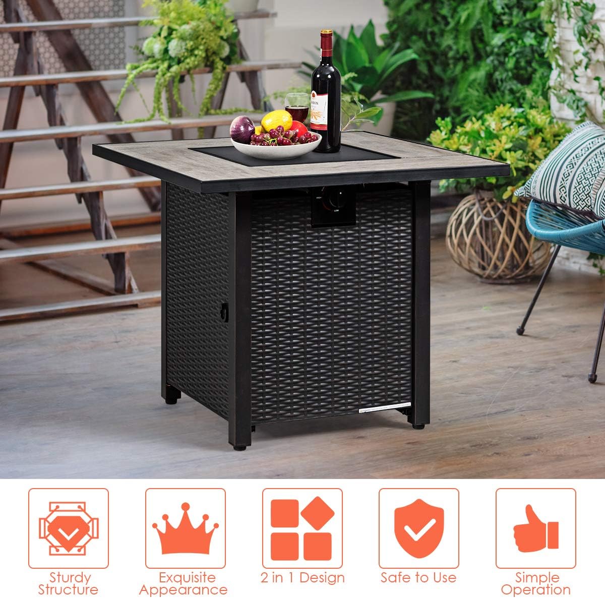 Giantex Propane Fire Pit Table, 30 inch 50,000 BTU Square Gas Firepits w/Ceramic Tabletop, Emboss Gas Heater w/Lava Rock, Waterproof Cover, ETL and CSA Certification for Outside(Black & Gray)