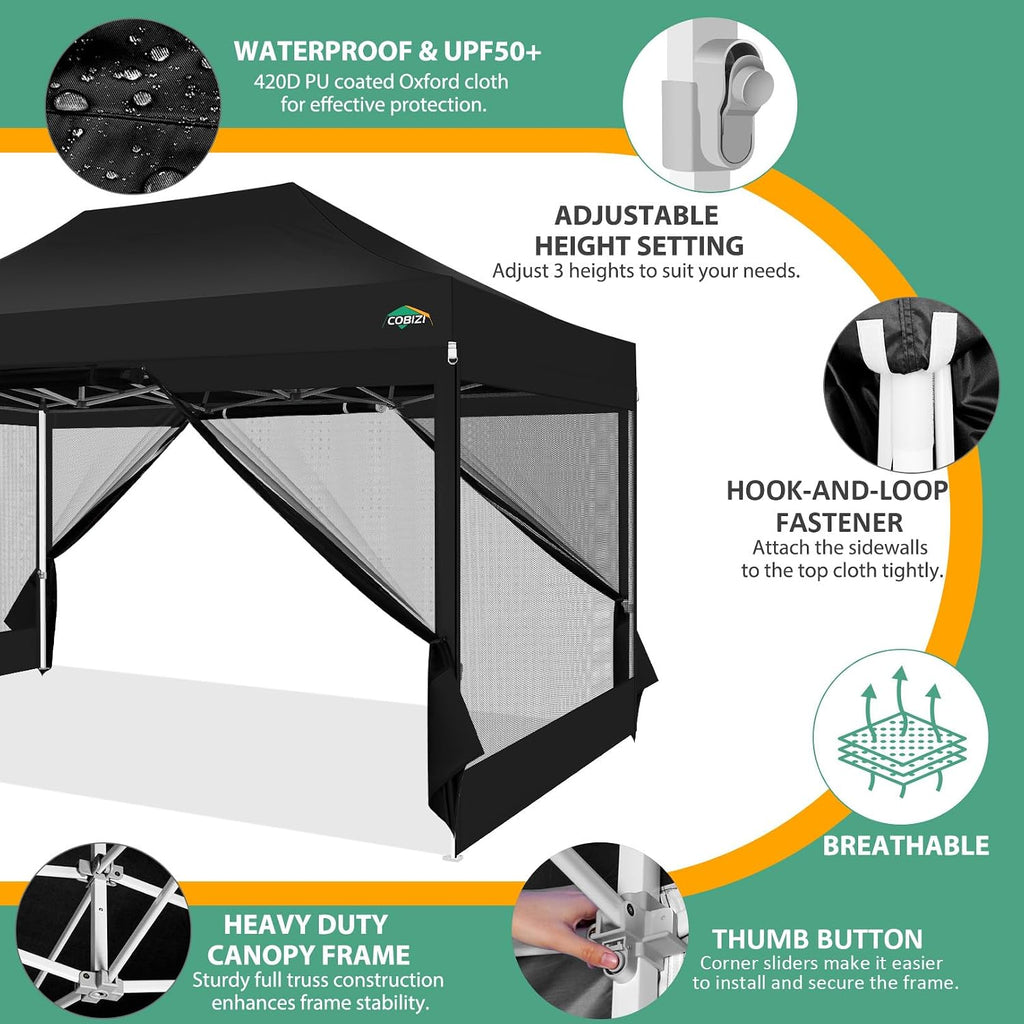 COBIZI 10x15 Canopy Tent with 4 Sidewalls,Heavy Duty Pop up Canopy with Mosquito Netting,Easy up Screen Tent for Parties Wedding Patio with Handbag,Black