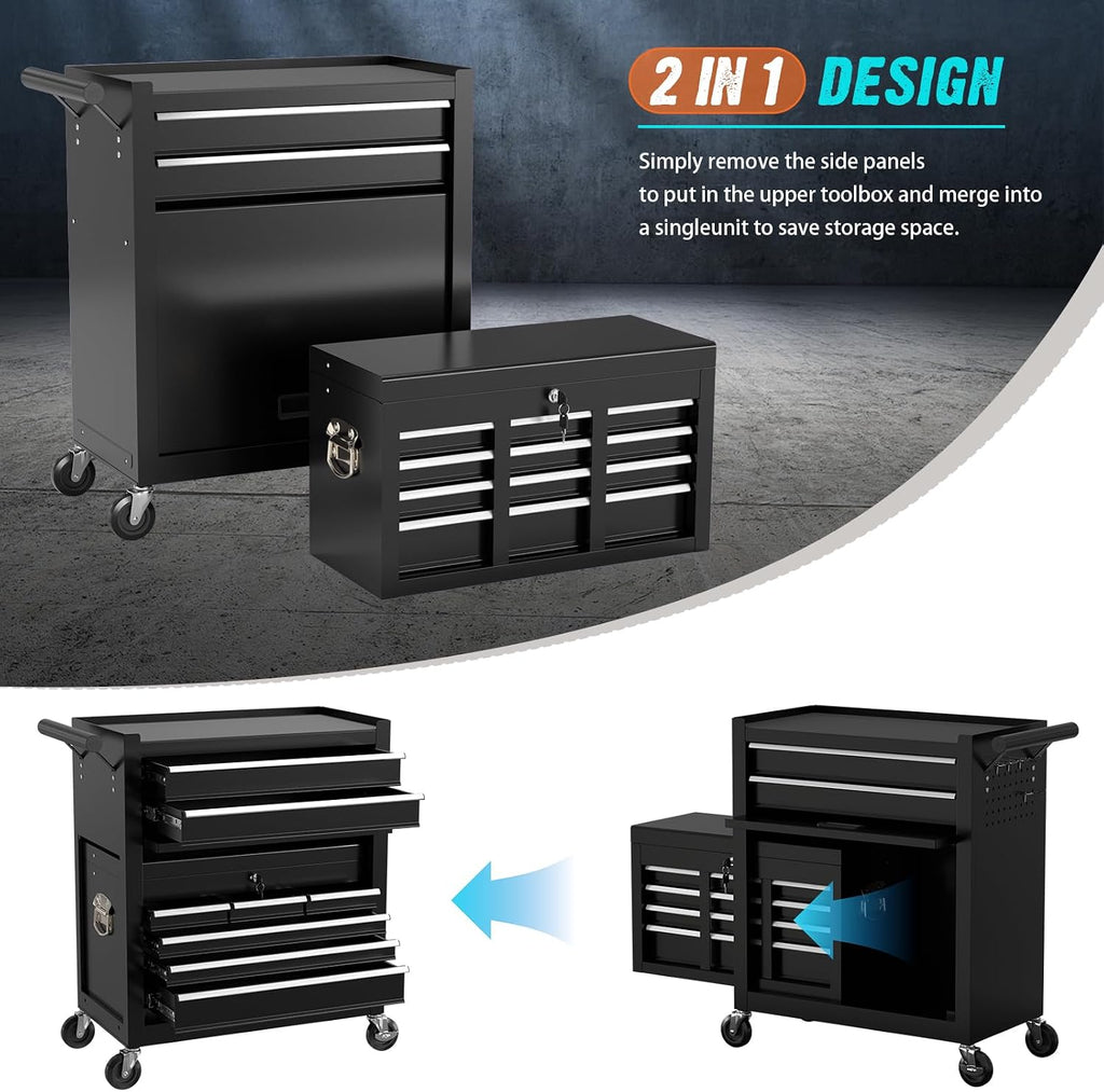 8-Drawer Rolling Tool Chest with Wheels, 2-in-1 Detachable Tool Box with Drawers and Large Cabinet, Rolling Tool Chest Storage Cabinet with Lockable for Warehouse, Garage, Workshop (Black)