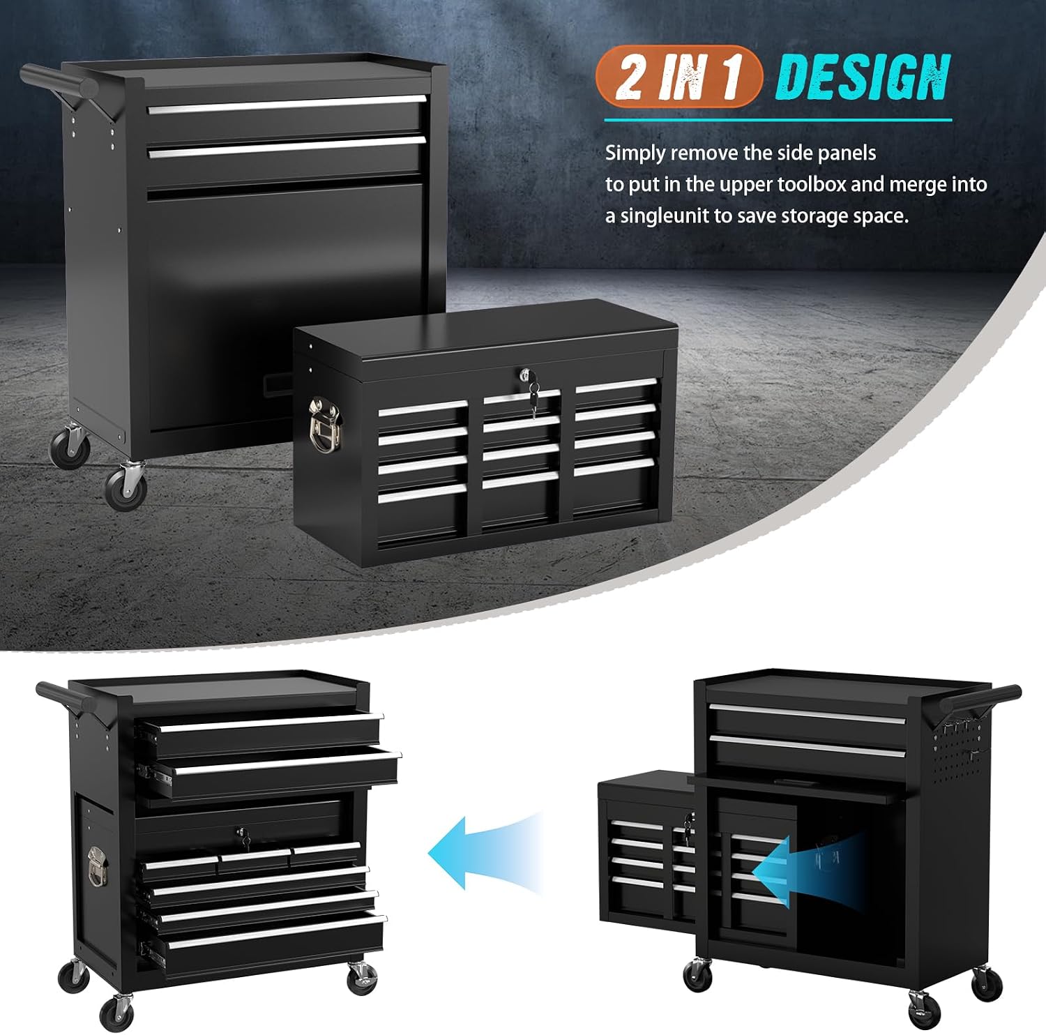 8-Drawer Rolling Tool Chest with Wheels, 2-in-1 Detachable Tool Box with Drawers and Large Cabinet, Rolling Tool Chest Storage Cabinet with Lockable for Warehouse, Garage, Workshop (Black)