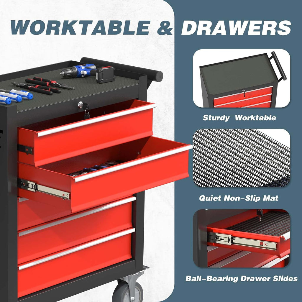 5-Drawer Tool Chest, Rolling Tool Box with Wheels, High Capacity Detachable Mobile Tool Storage Cabinet for Workshop, Garage, Mechanics and Repair Room (BlackRed, 5-Drawer)