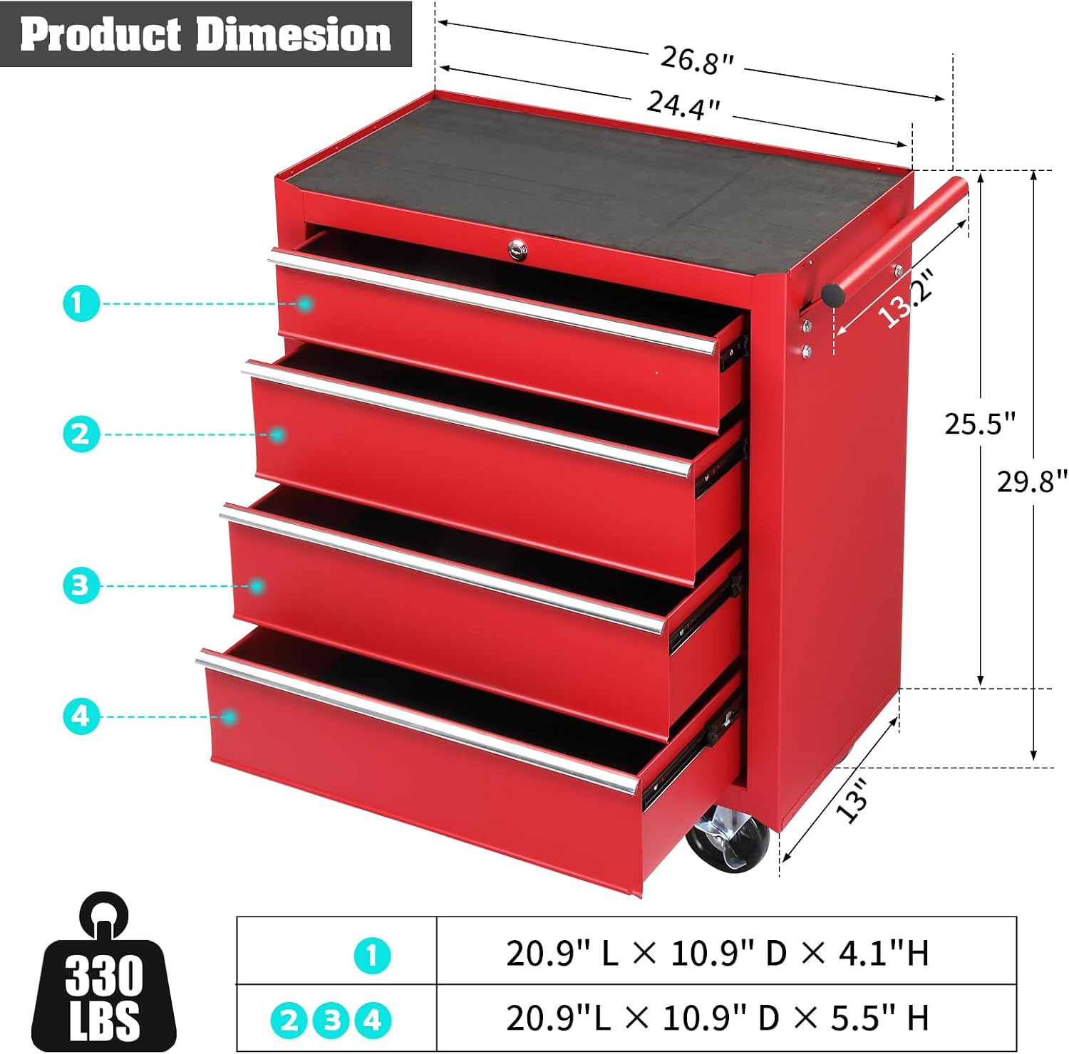 Winado 4-Drawer Tool Chest with Wheels & Lock & Key, Heavy Duty Cart Rolling Tool Box on Wheels, Metal Storage Cabinet, Rolling Tool Cart with Drawers for Garage, Warehouse & Repair Shop (Red)