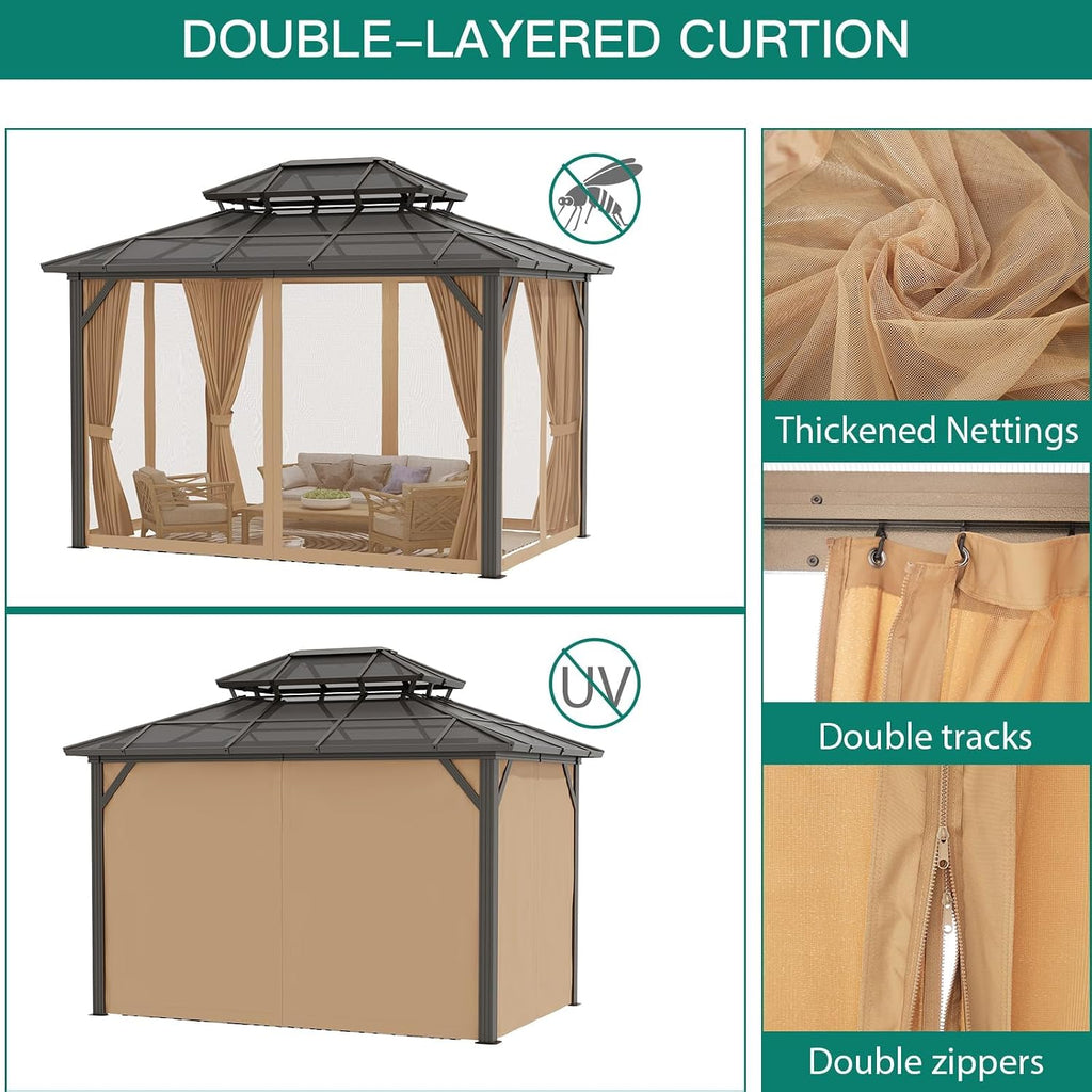 12'x10' Aluminum Permanent Hardtop Gazebo with Double Roof, Includes Removable Curtains & Mosquito Netting for Patio, Garden, and Backyard Use