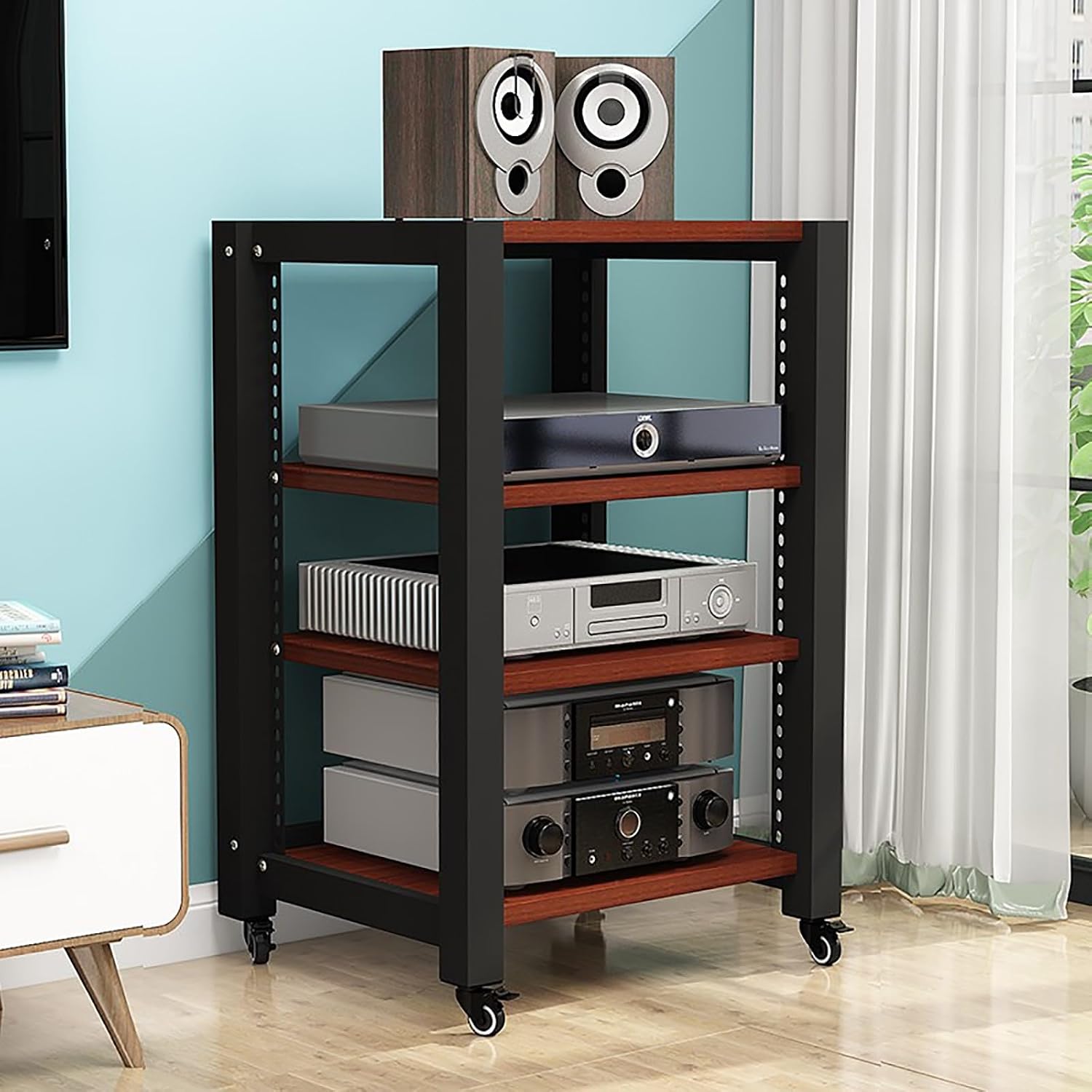 Walnut Gaming Shelf and Record Player Stand - Audio Rack, CD/DVD Display Cabinet, AV Media Stand for Projector, PS5, Game Consoles & Cable Box - 60x50x85cm
