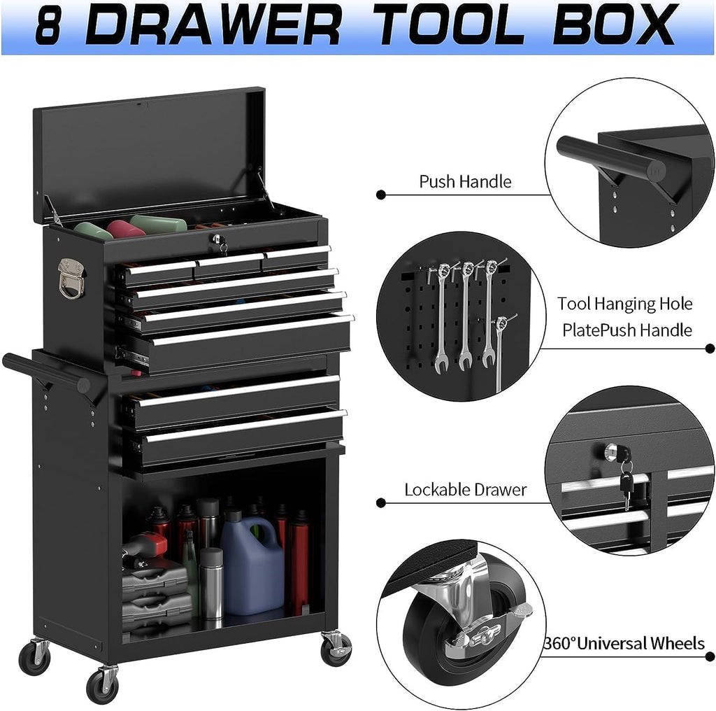 8 Drawer Rolling Tool Chest, High Capacity Tool Box with Lockable Wheels and Drawers, 2 in 1 Portable Toolbox Organizer Storage Cabinet For Garage, Warehouse, Repair Shop