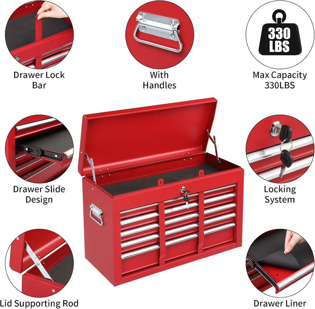 Winado 9-Drawer Rolling Tool Chest with Wheels & Lock & Key, Tool Box with Large Storage Cabinet, Removable Portable Top Box for Garage, Warehouse, Repair Shop & Home, (Red)