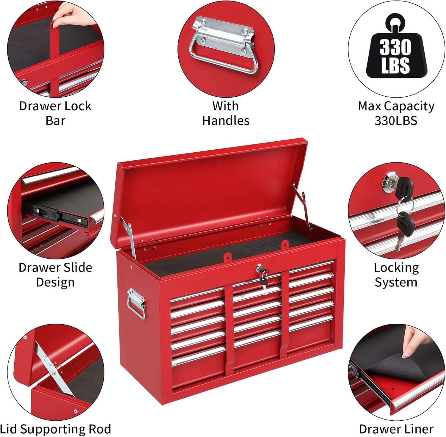 Winado 9-Drawer Rolling Tool Chest with Wheels & Lock & Key, Tool Box with Large Storage Cabinet, Removable Portable Top Box for Garage, Warehouse, Repair Shop & Home, (Red)
