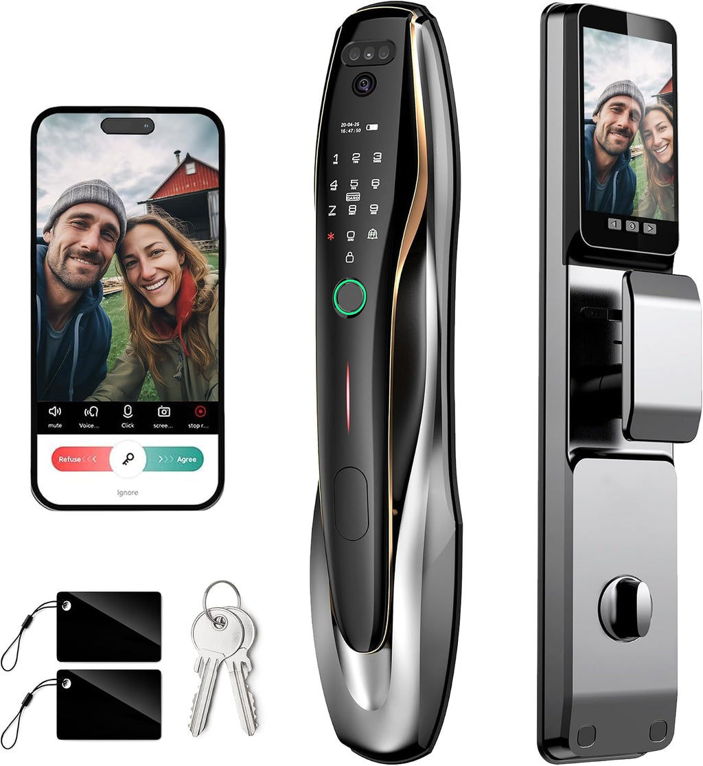 3D Face Recognition Smart Lock with Camera & Handle,Video Doorbell, 7-in-1 Keyless Entry, IP67 Waterproof, 4.5' HD Screen, 2-Way Talk,Tuya App, Door Lock for Front Door