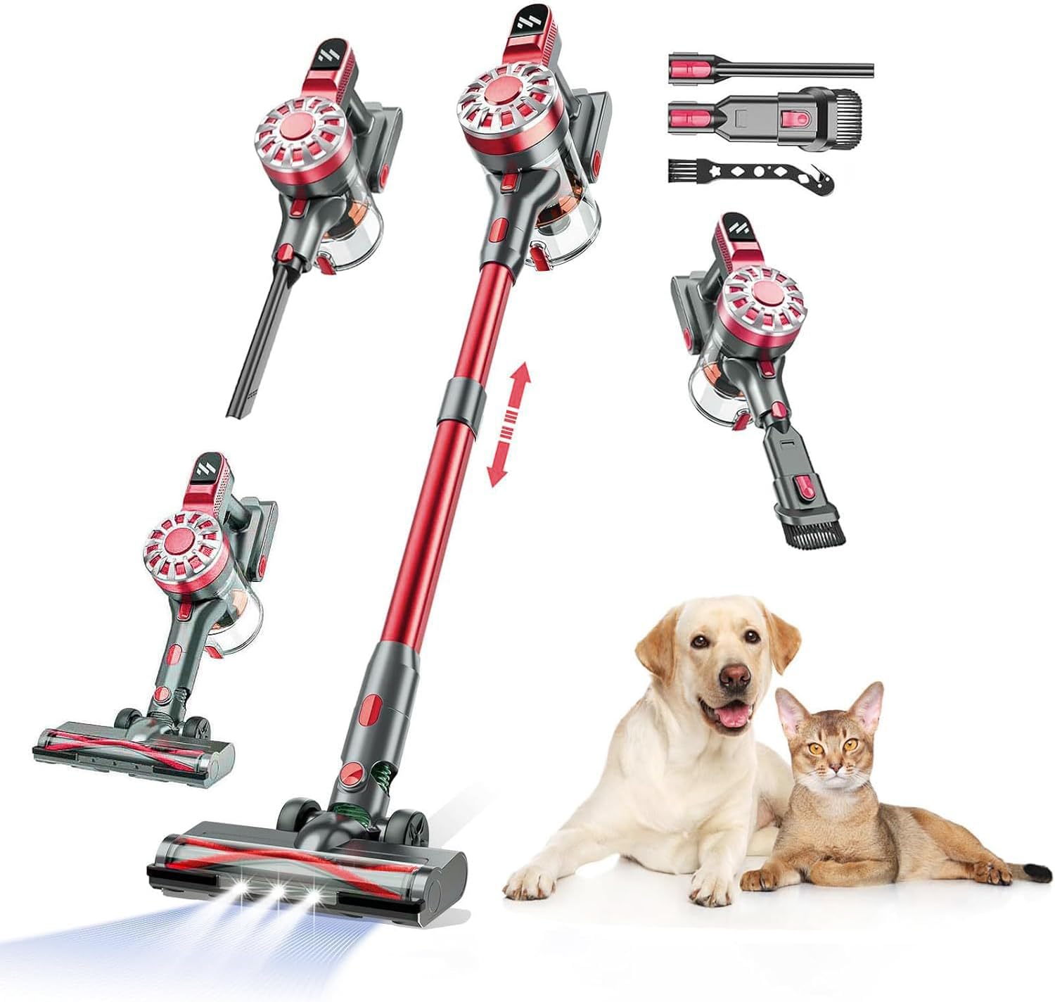 WLOTPO Lightweight Stick Vacuum Cordless Rechargeable with Power Suction, Up to 35 Mins Runtime, Hardwood Floor Vacuum for Pet Hair, Carpets, Tile(Gray Red)