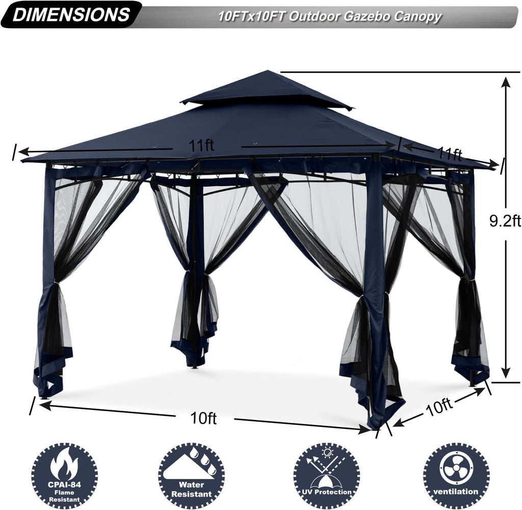 ABCCANOPY Gazebos for Patios 10x10 - Outdoor Steel Frame Gazebo with Mosquito Netting for Lawn Backyard Garden Deck (Navy Blue)