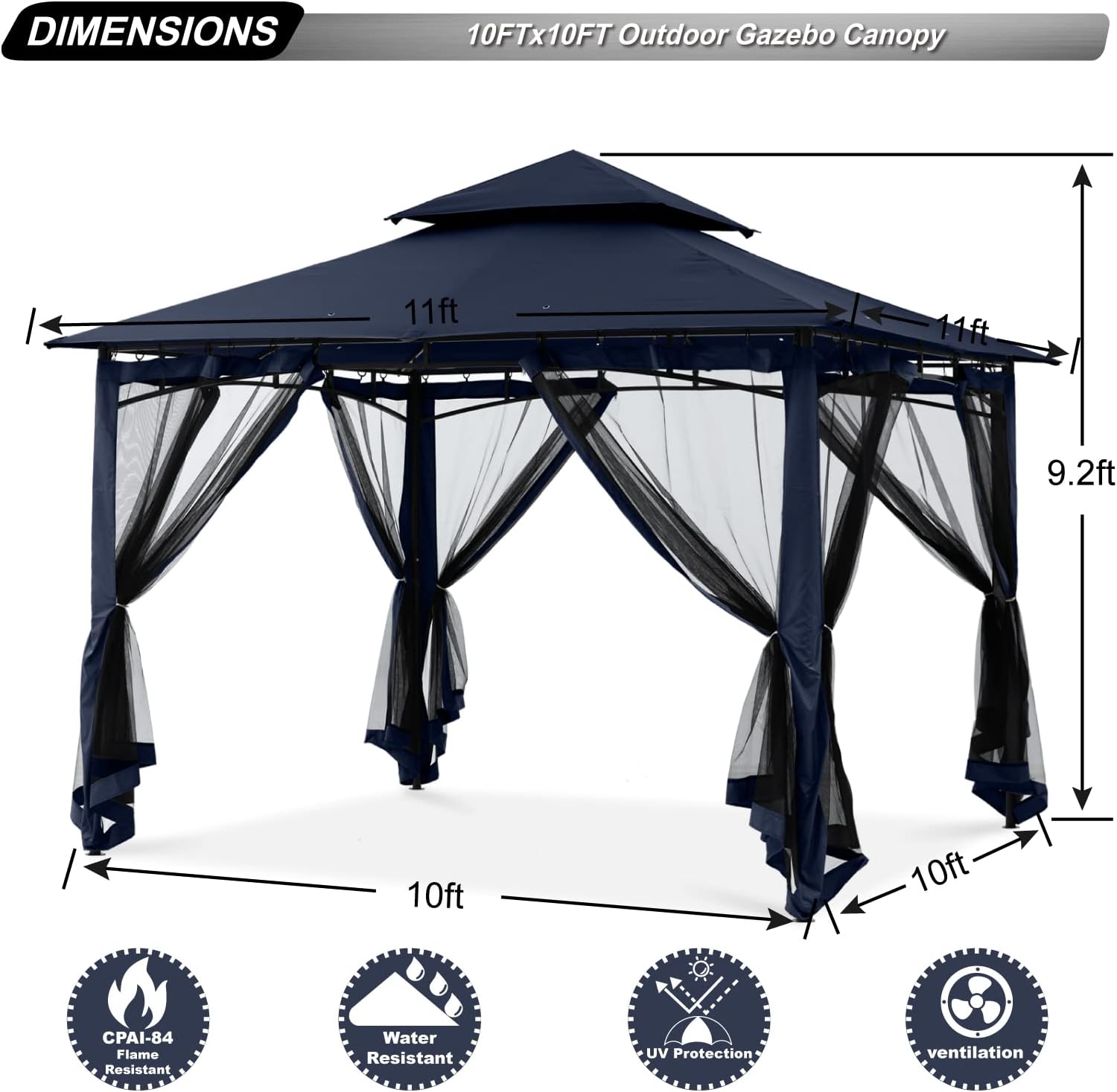 ABCCANOPY Gazebos for Patios 10x10 - Outdoor Steel Frame Gazebo with Mosquito Netting for Lawn Backyard Garden Deck (Navy Blue)